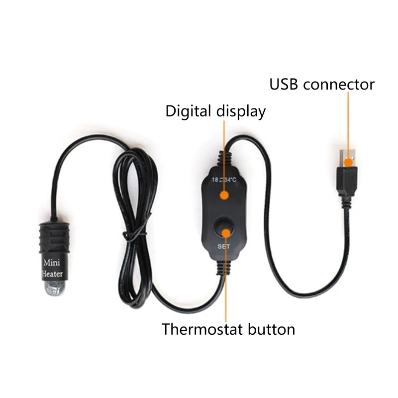 Calentador sumergible para acuario, carga USB para calentador de tanque, ajuste de temperatura 18-34 ℃   para agua dulce salada marina