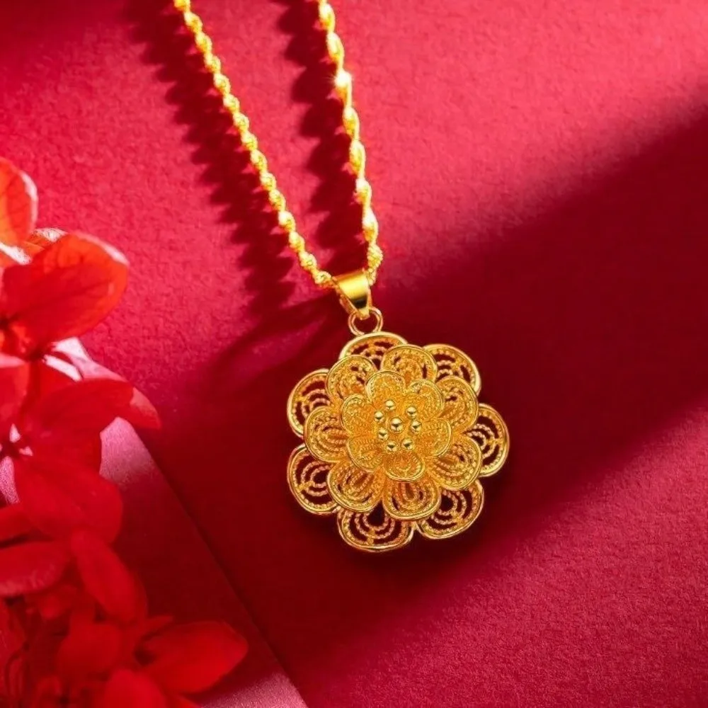 Luxury Hollowed Flower Blooming Wealth Necklace Vietnam Sand Romantic Gold Necklace Thick Chain Clavicle Chain Women Jewelry