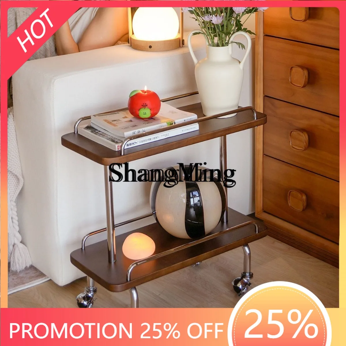 

SM new medieval movable trolley living room retro solid wood coffee table magazine bookshelf bedside shelf