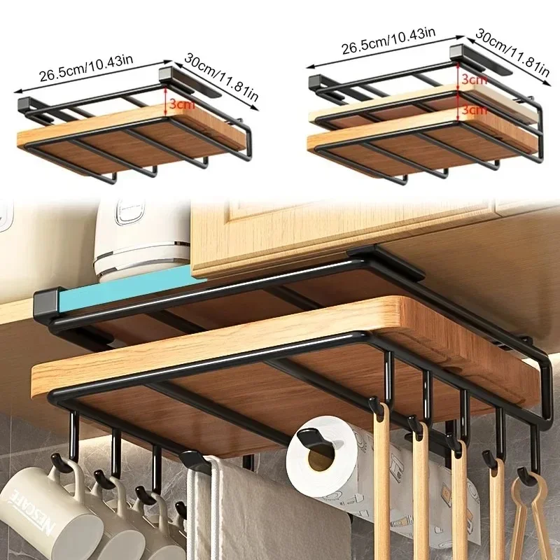 

Hanging Kitchen Organizer with Hooks Under Cupboard Paper Towel Rags Hanger Cutting Board Pot Cover Holder Storage Shelf Racks