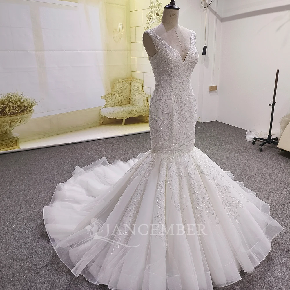 Vestidos De Novia brillantes De sirena De lujo personalizados, Vestido De Novia sin mangas con cuello en V, Vestido De Novia con cuentas De princesa con purpurina