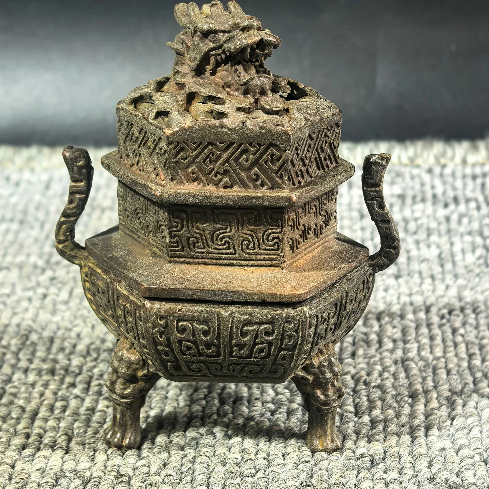 Dragon-Handled Bronze Incense Burner Archaic Collectible