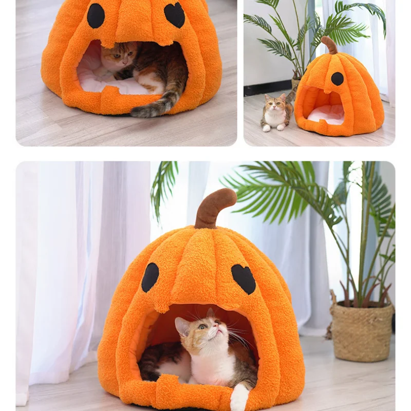 Halloween Pumpkin Cat Nest Autumn and Winter Warm Cat House Closed Cat Kennel Pets Halloween Pets