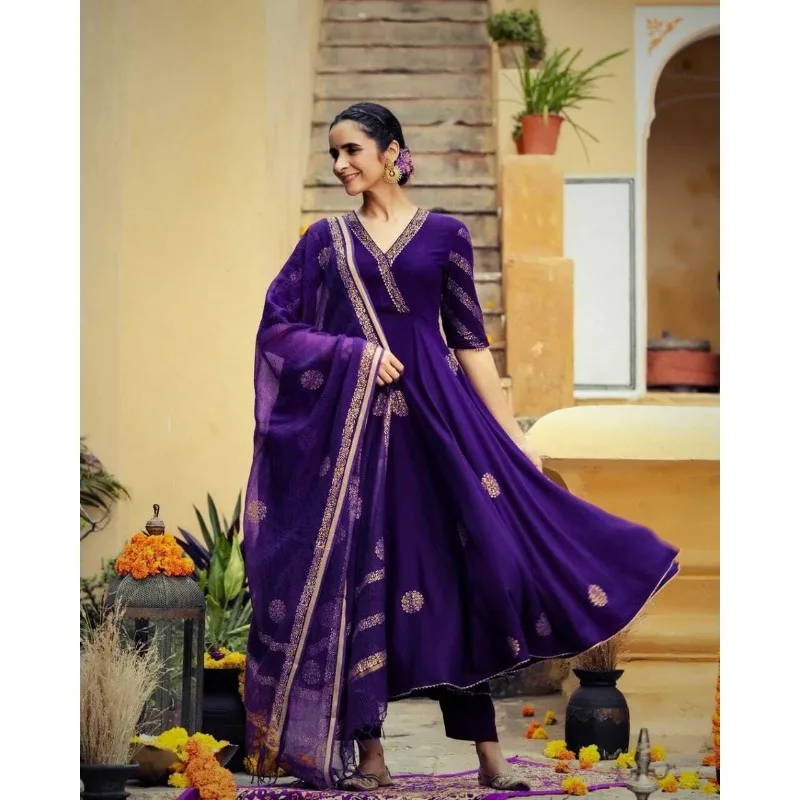 

Handmade Indian Anarkali Long Print Salwar Set Kuri Palazzo & Dupatta Dress