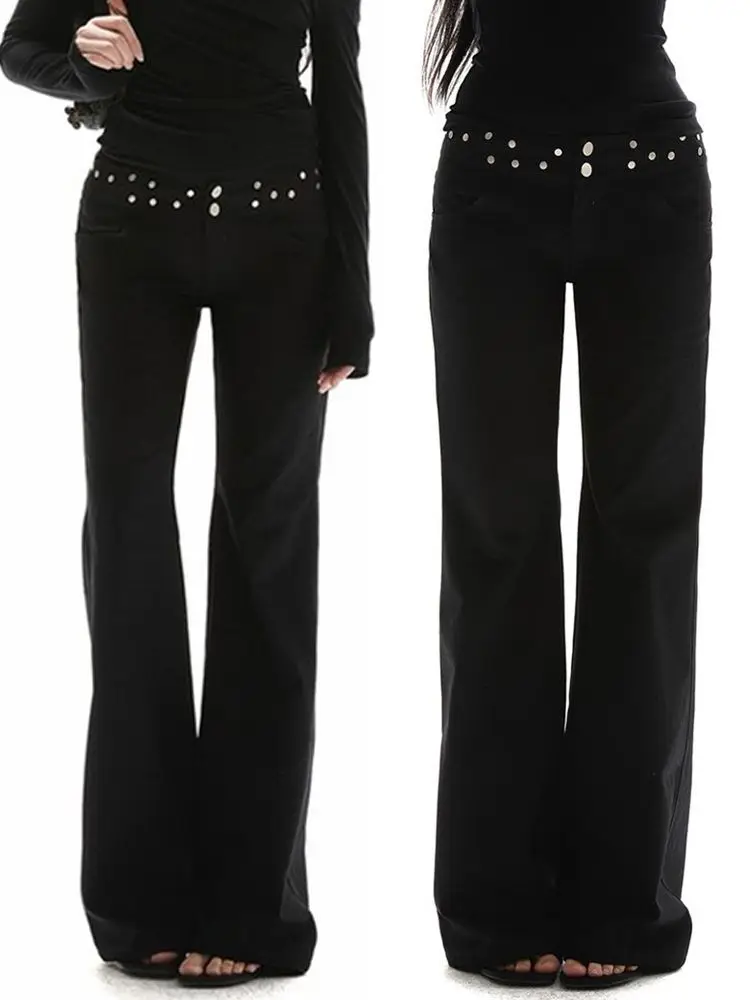 Y2K American Vintage Black Rivet Low Waist Flare Jeans Ladies Slimming Floor Length Hot Girl Streetwear Denim Long Pants