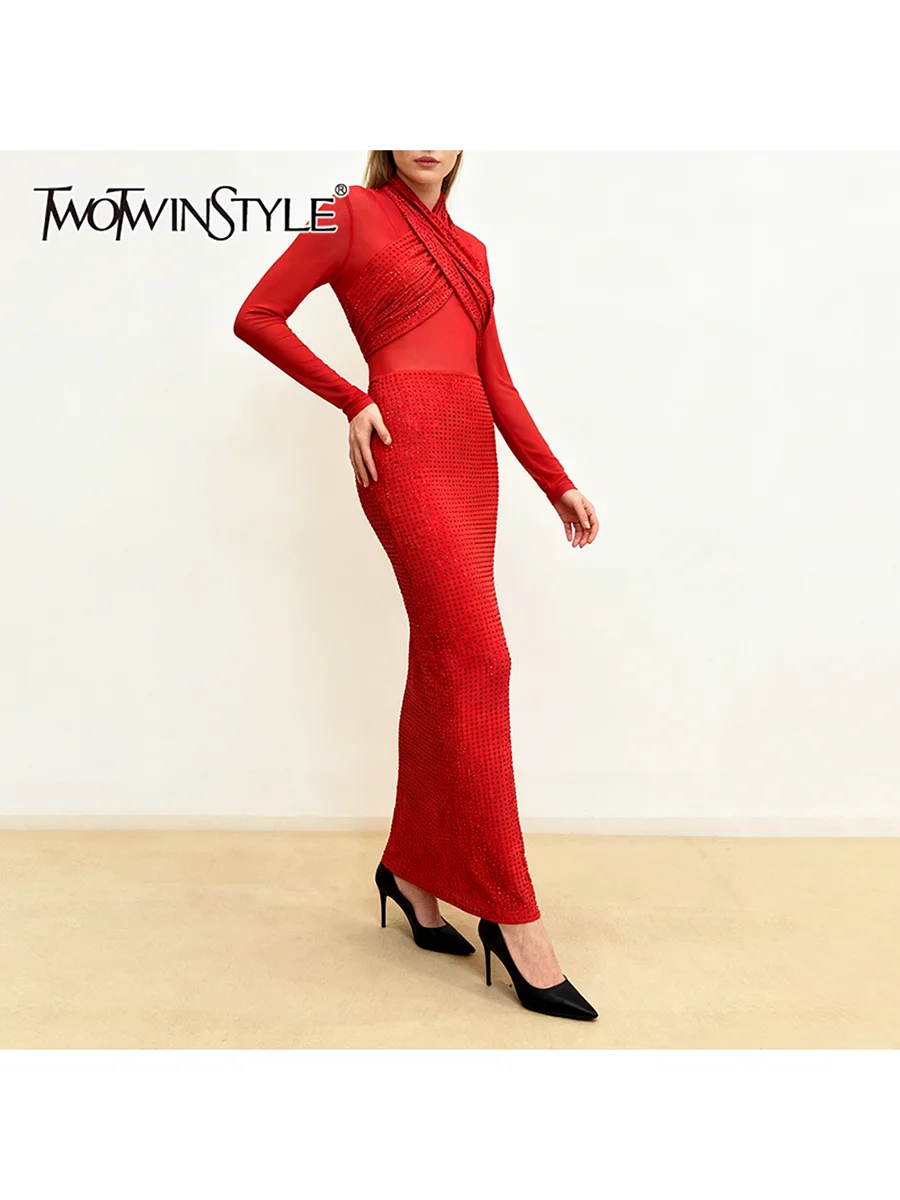 TWOTWINSTYLE Slimming Sheer Spliced Hot Fix Sexy Dresses for Women Stand Neck Long Sleeves High Waist Elegant Dress Female New
