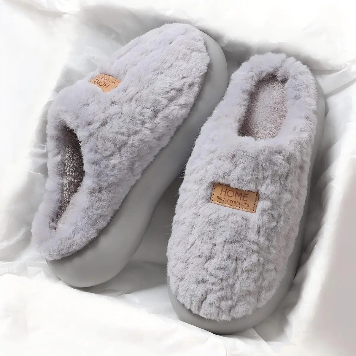 Men's High-End Couple's Furry Slippers, Women's New Winter Non-Slip Warm Simple Indoor Home Thick-Soled Cotton Slippers, Home Shoes for Men