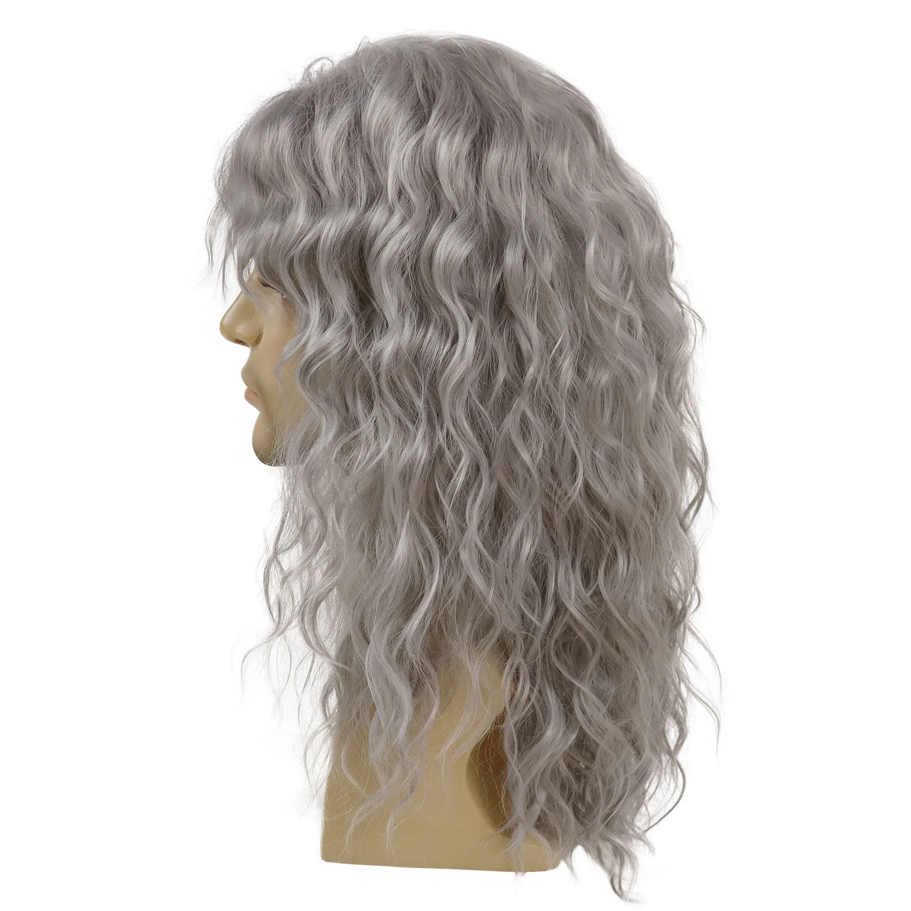 グレーの前髪付き合成ロングウェーブヘア80年代風ウィッグ男性用パンクヘアスタイルヴィンテージグレーカラーハロウィンコスチューム