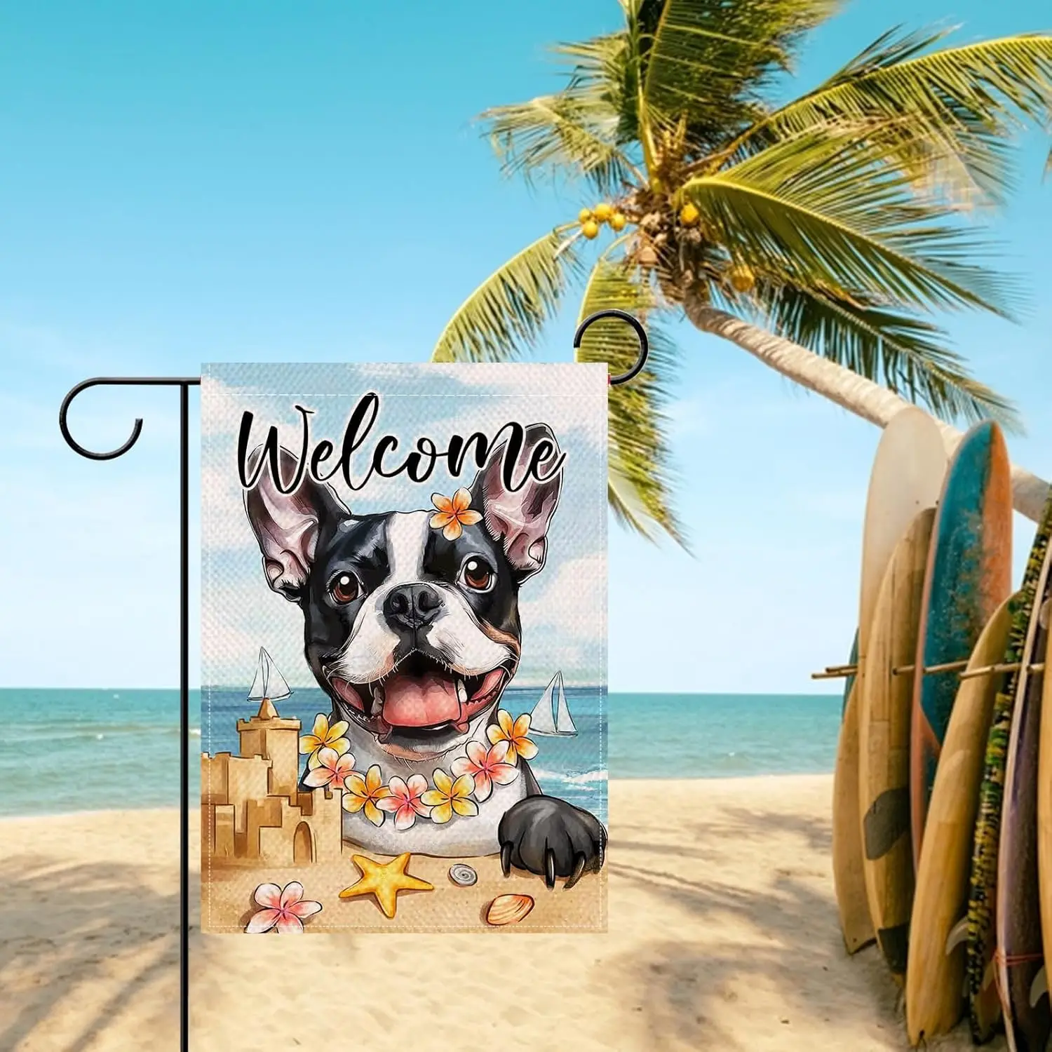 Artofy Welcome Summer Beach Boston Terrier Dog Small Decorative Garden Flag, Coastal Yard Lawn Outside Decor Pet Owner Lover yyi