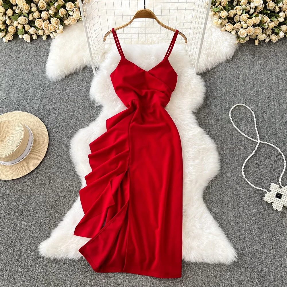 ハイウエストストラップロングドレスセクシー細身ベルスリットボディコンドレス韓国風VネックAラインミディドレス