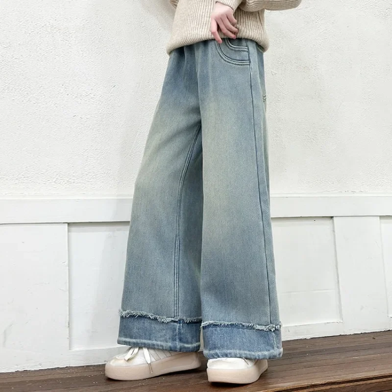 

New 2025 Girls Loose Wide-leg Jeans Trousers Children Fashion Soft Solid Straight Denim Pants Spring Autumn Clothing 5-12 Years