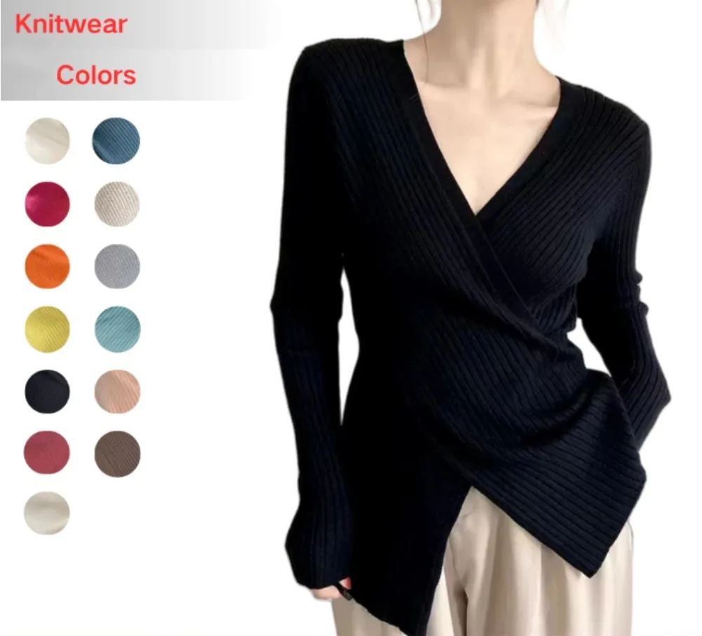 

[ready Stock] Knit Women Long Sleeve Shirt Blouse Women Korean Style Ladies Slim Knitted Knitwear Knit V-Neck Tops Baju Perempua