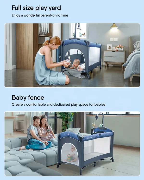 Berceau mobile multifonctionnel avec table à langer, lit de jeu de voyage pliable, roues, produits pour bébé, fabricant en stock