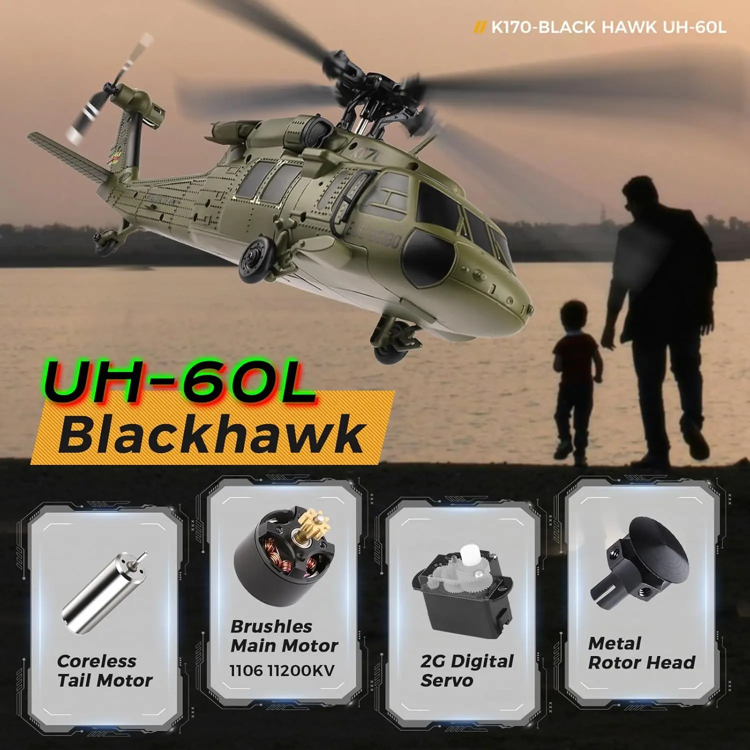 WLtoys K170 Bürstenloser 4-Kanal-RC-Hubschrauber, UH60L Black Hawk im Vollformat, 6-Achsen-Gyroskop, One Key Take-Off/Landing mit 3 Batterien