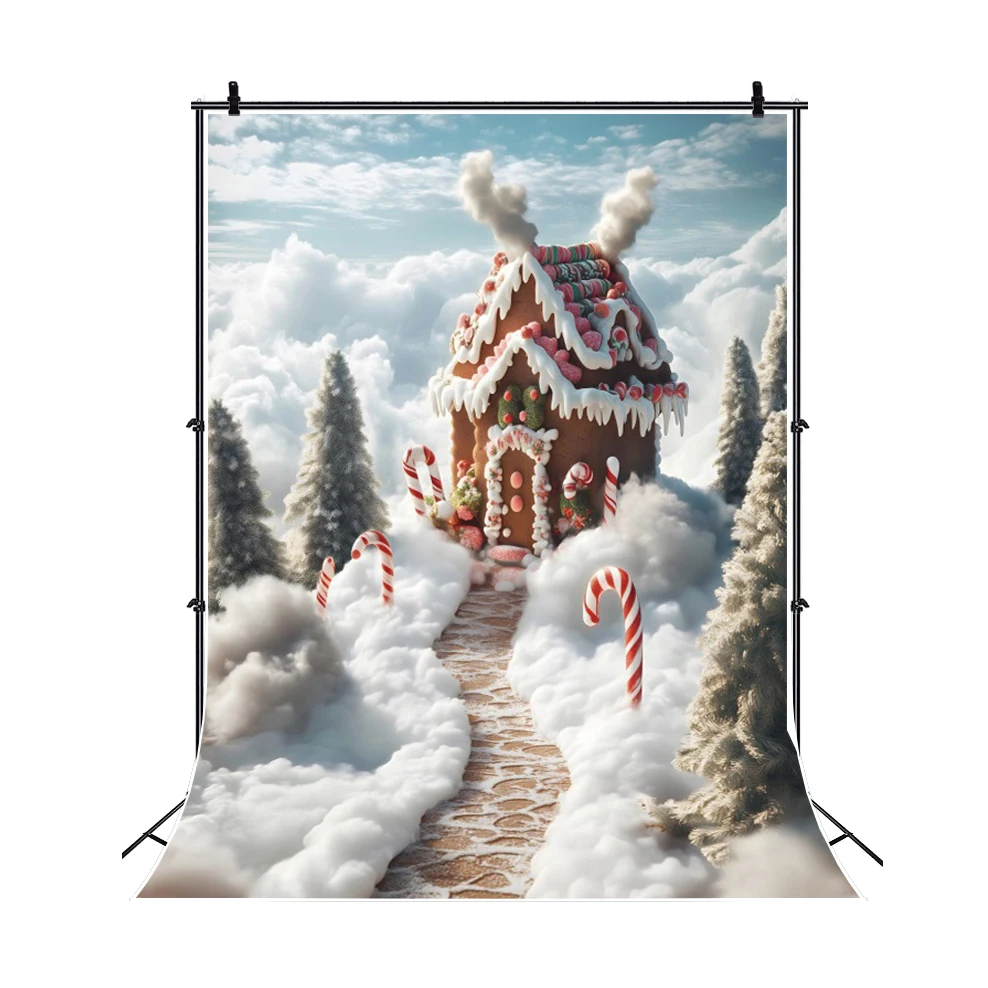 Toile de fond de photographie de maison de pain d'épice de Noël, décor de fête d'anniversaire, maison de bonbons enneigés d'hiver, arrière-plan de photo de portrait d'enfants