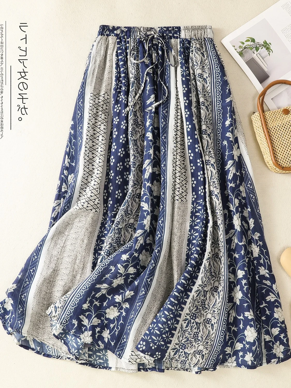 Ethnic Style Half Skirt with Print And Patchwork in Flax Summer Travel Loose High Waist A-Line Midi Skirt for Women