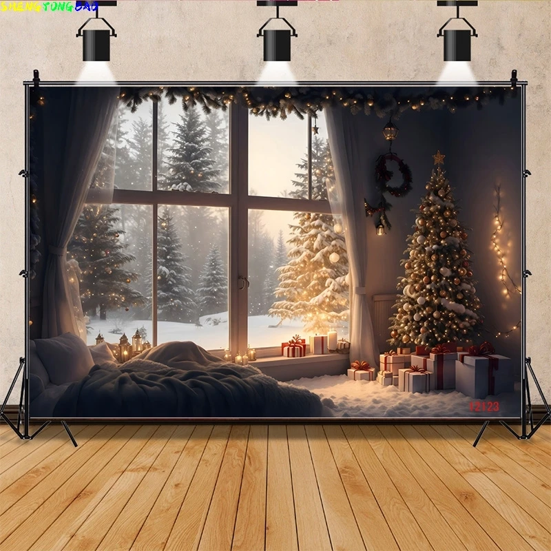 

Vinyl Custom Christmas Day Fireplace Photography Backdrops Gift Box Chimneys Snowflake Window Indoor Studio Background WW-31