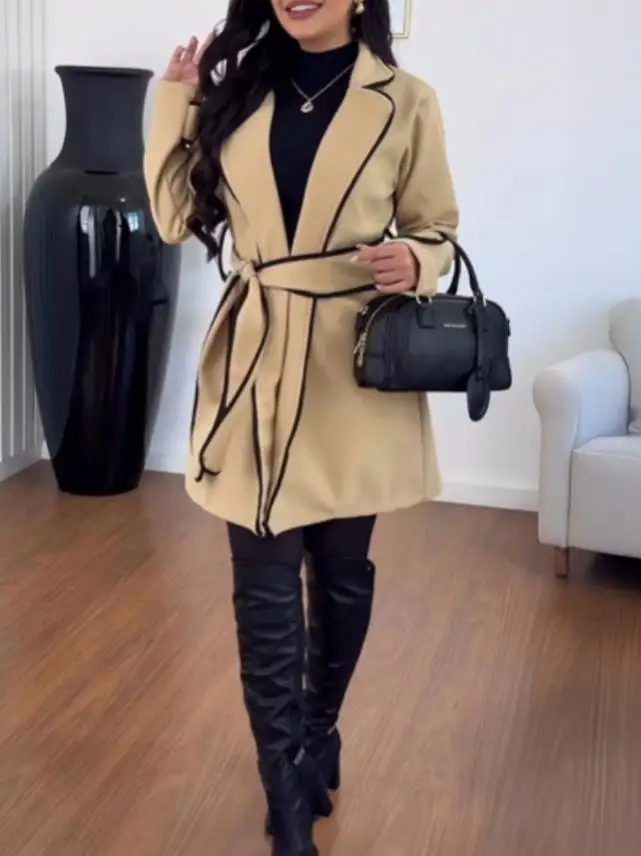 Lapel Long Sleeved Casual Lapel Detail Lace Up Jacket Winter New Fashion Contrasting Splicing Long Sleeved Slim Lace Up Jacket