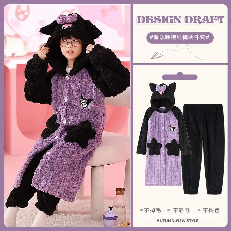 

Cute 2Pcs Kuromi Children Pajamas Cinnamoroll New Style Cardigan Night-Robe Pant Cartoon Sanrio Student Hooded Warm Home Clothes