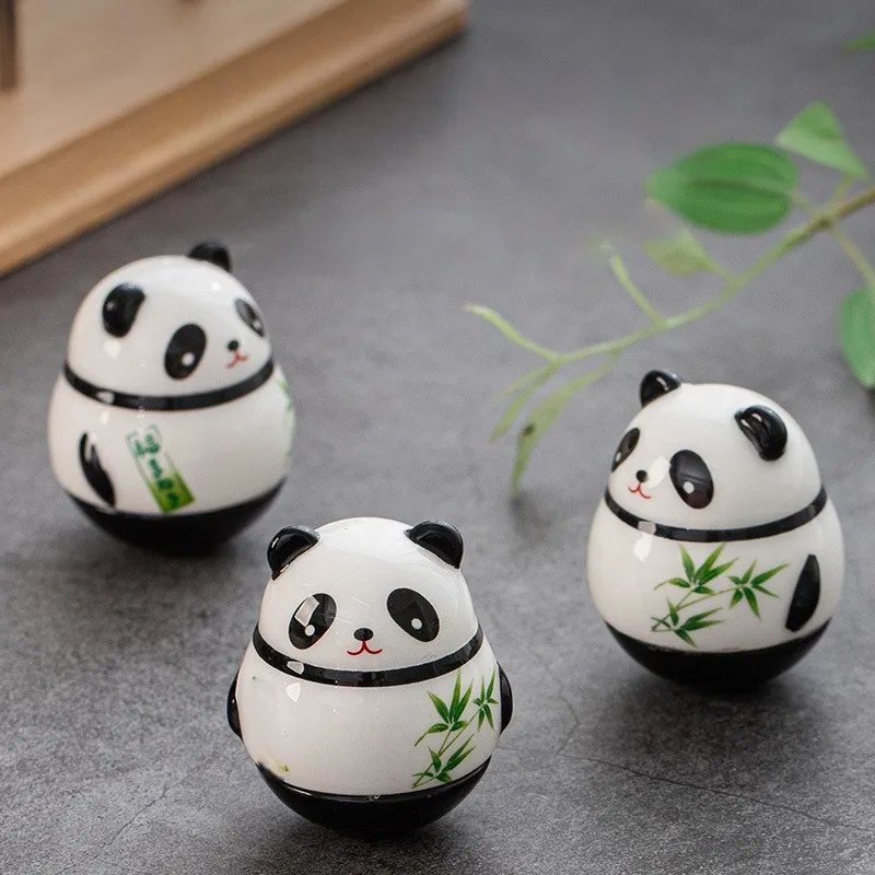 2pcs Ceramic Panda Home Decor Cartoon Panda Decompress Tumbler Ornament Ceramic Creativity Statue Room Decor Accessories