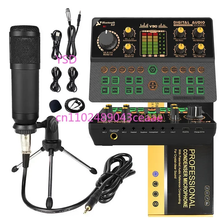 BM800 Microphone & V90 Sound Card Set (English Version, for Live Streaming, Recording, Gaming Voice Changer & Mixing)