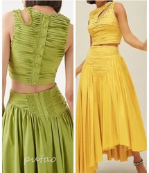 PuTao Two Piece Sets Prom Dress For Women Sleeveless Hollow Out Pleat Crop Tops Irregular Hem Pleated Skirt Solid Set Female