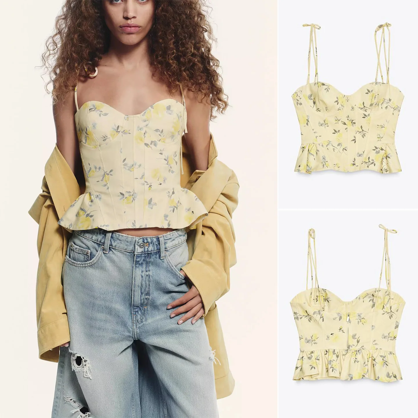 

Новинка 2025, осенний женский топ из полиэстера с узлом и воротником-сердечком, с цветочным принтом, сладкий верхняя одежда