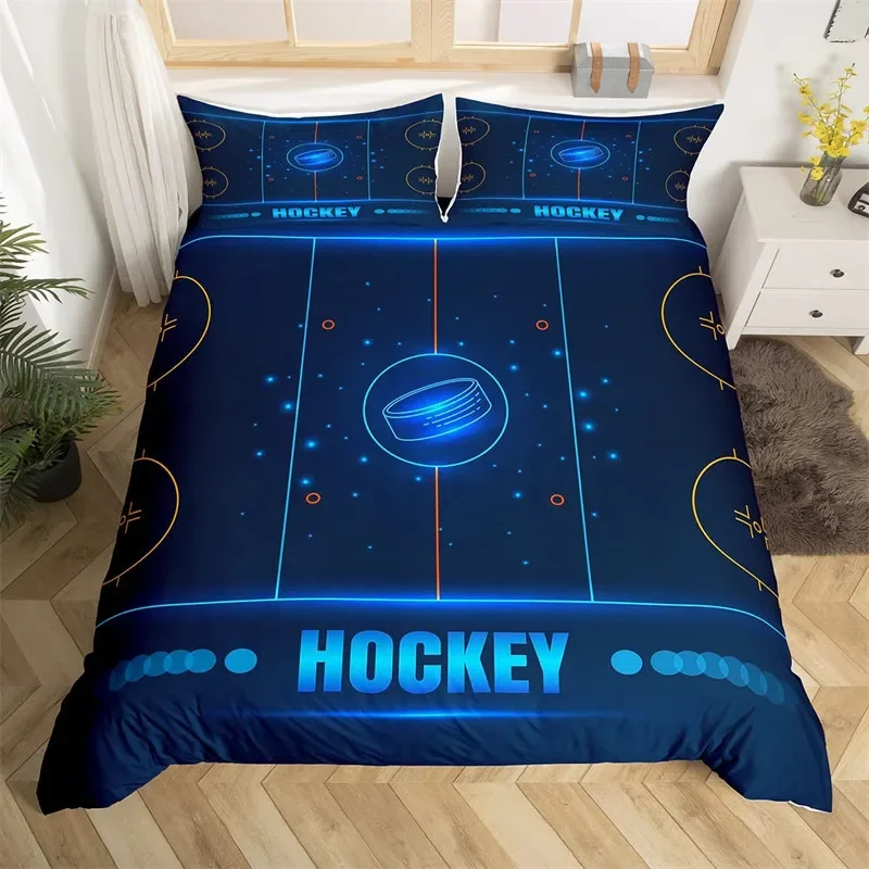 Ice Hockey Duvet Cover Full Queen Size Hockey Sport Player Bedding Set Winter Extreme Sport Game Comforter Cover for Boys Teens