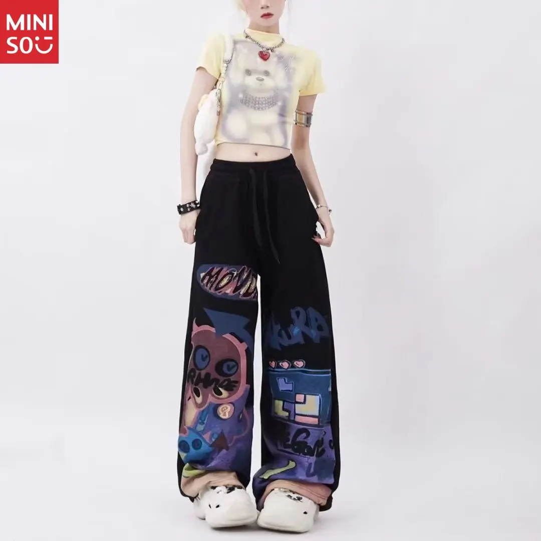 

Miniso повседневные брюки женские 2023, летние брендовые брюки с граффити и завязками, милые крутые широкие брюки для малышек Tide