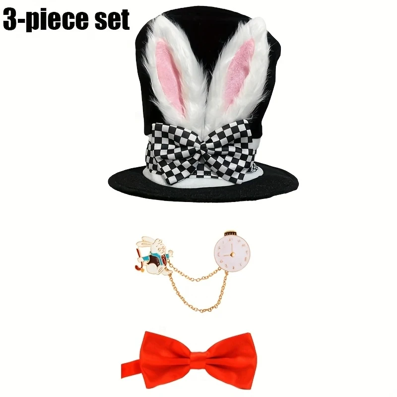 3pcs Set Easter Bunny Costume Plush White Rabbit Top Hat Pocket Watch, Bow Tie for Easter, Halloween Christmas Dress-Up Parties view 5