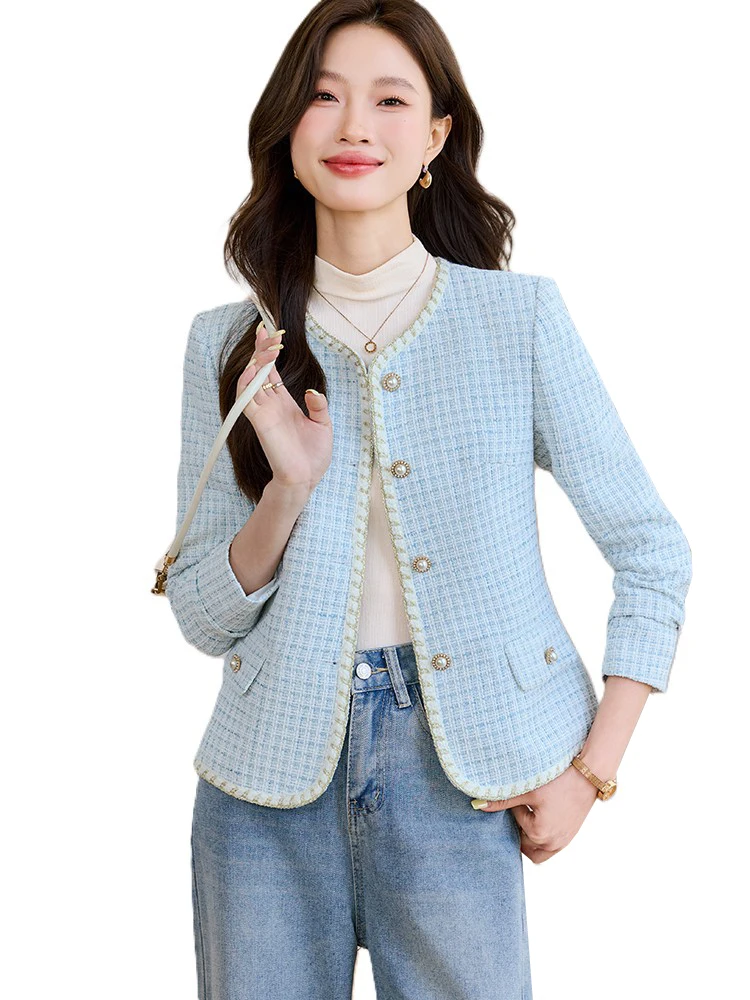 

Fashion Women's Blazer Ladies Apricot Khaki Blue O-Neck Casual Female Jacket Coat