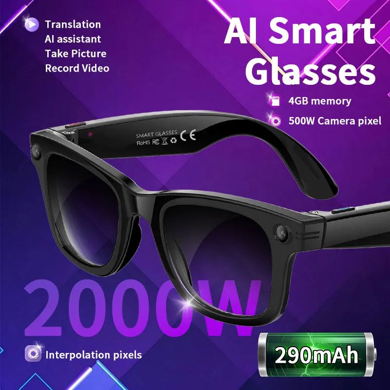 Lunettes intelligentes AI 5 millions de Pixels enregistrement de vidéos reconnaissance de photos traduction de réponse 290mAh IP66 lunettes Bluetooth étanches