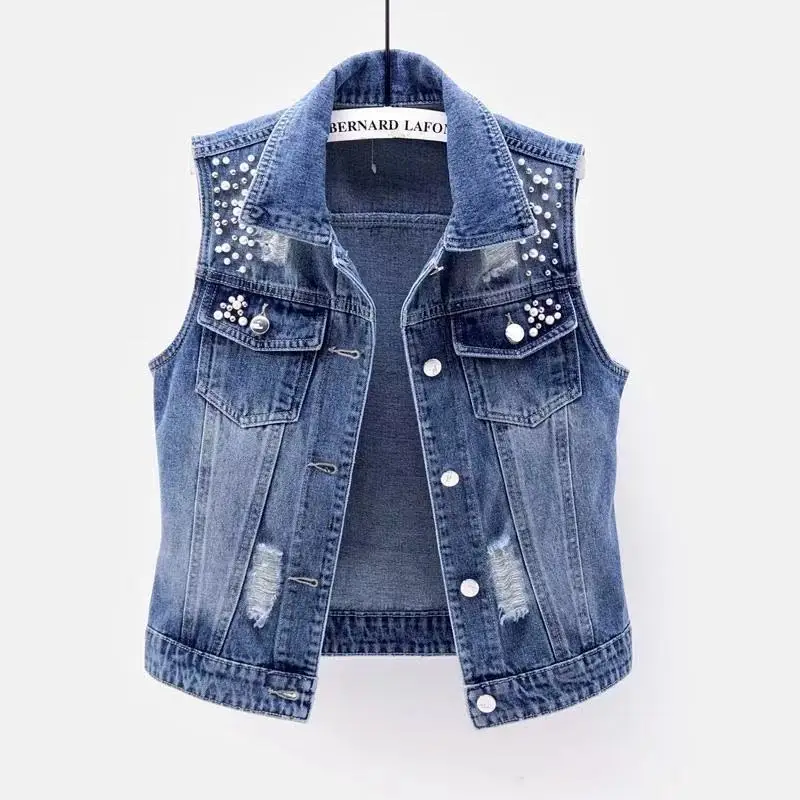 Denim Women Vest Luxury Pearls Fashion Ripped Autumn Plus Size Jeans Jacket Sleeveless Loose Short Coat Causal Waistcoats