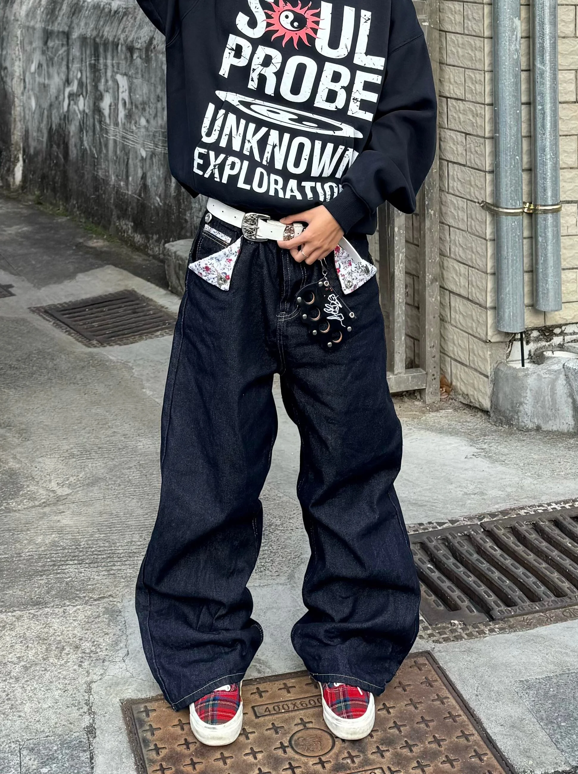 

Мужские свободные прямые джинсы в стиле ретро American Vibe с цветочным принтом, оригинальные синие джинсовые брюки, повседневные удобные брюки