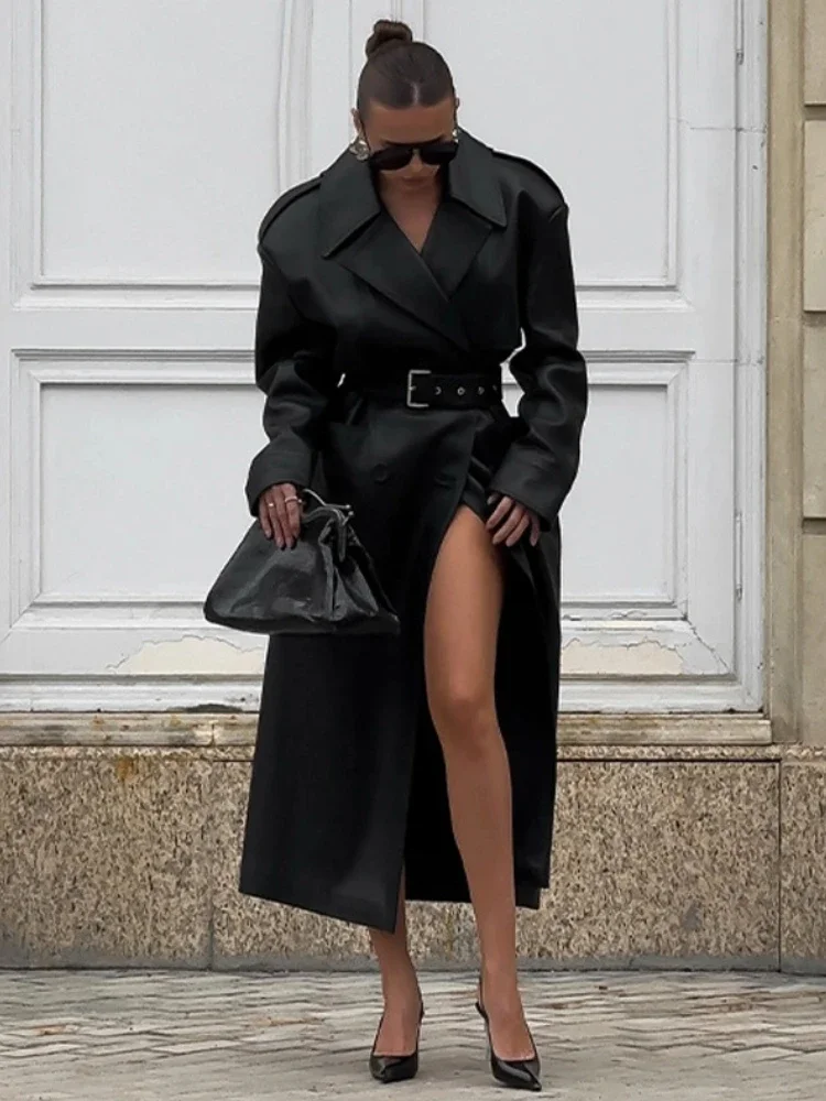 Retro couro do plutônio cinto longo jaqueta feminina clássico almofada ombro lapela único breasted jaquetas casaco senhora 2025 chique rua outwear