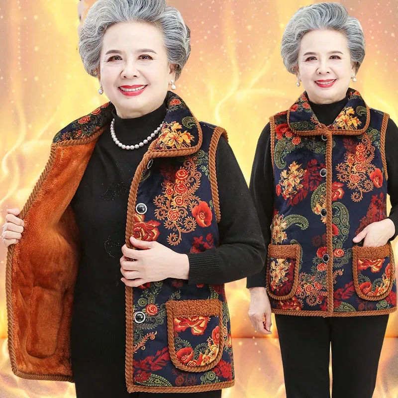 XL-6XL Elderly Women Vest Coat Winter Warm Sleeveless Jacket Female Button Fleece Waistcoat Grandma Thicken Cotton Padded Vests