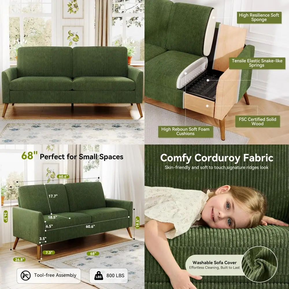 Современный зеленый вельветовый двухместный диван середины века — удобный диван 68 для гостиной, сборка без инструментов, приятный для небольшого пространства