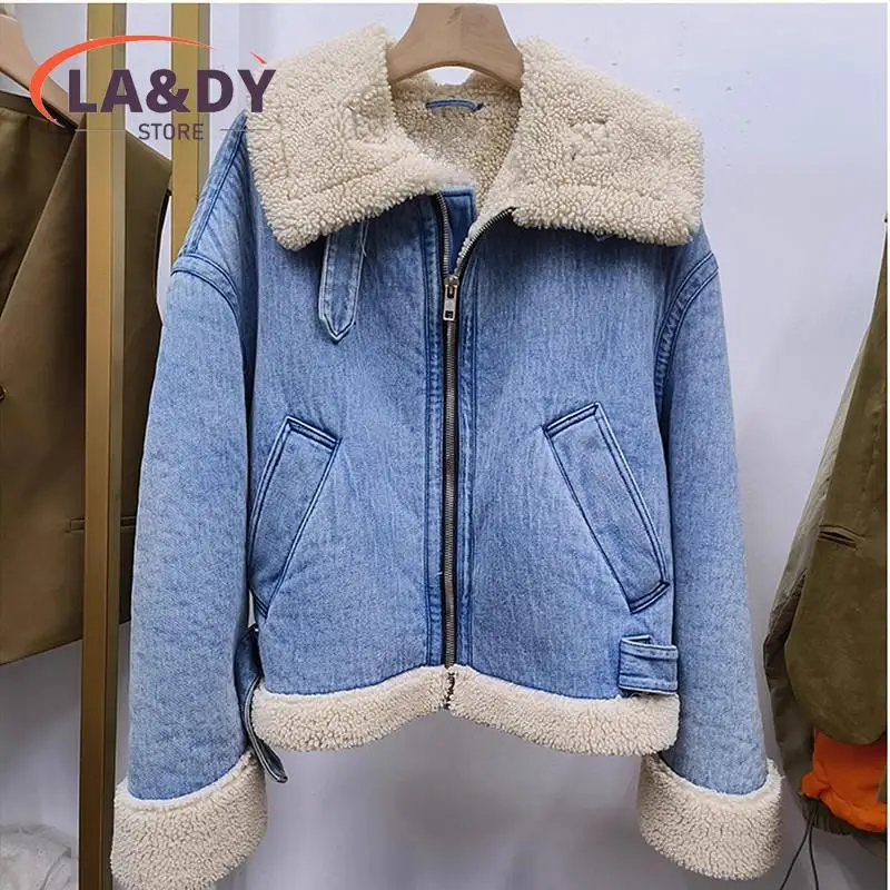 Winter High Quality Women Fashion Blue Denim Thick Lamb Jacket Coat Casual Zipper Warm Outwear Tops Female