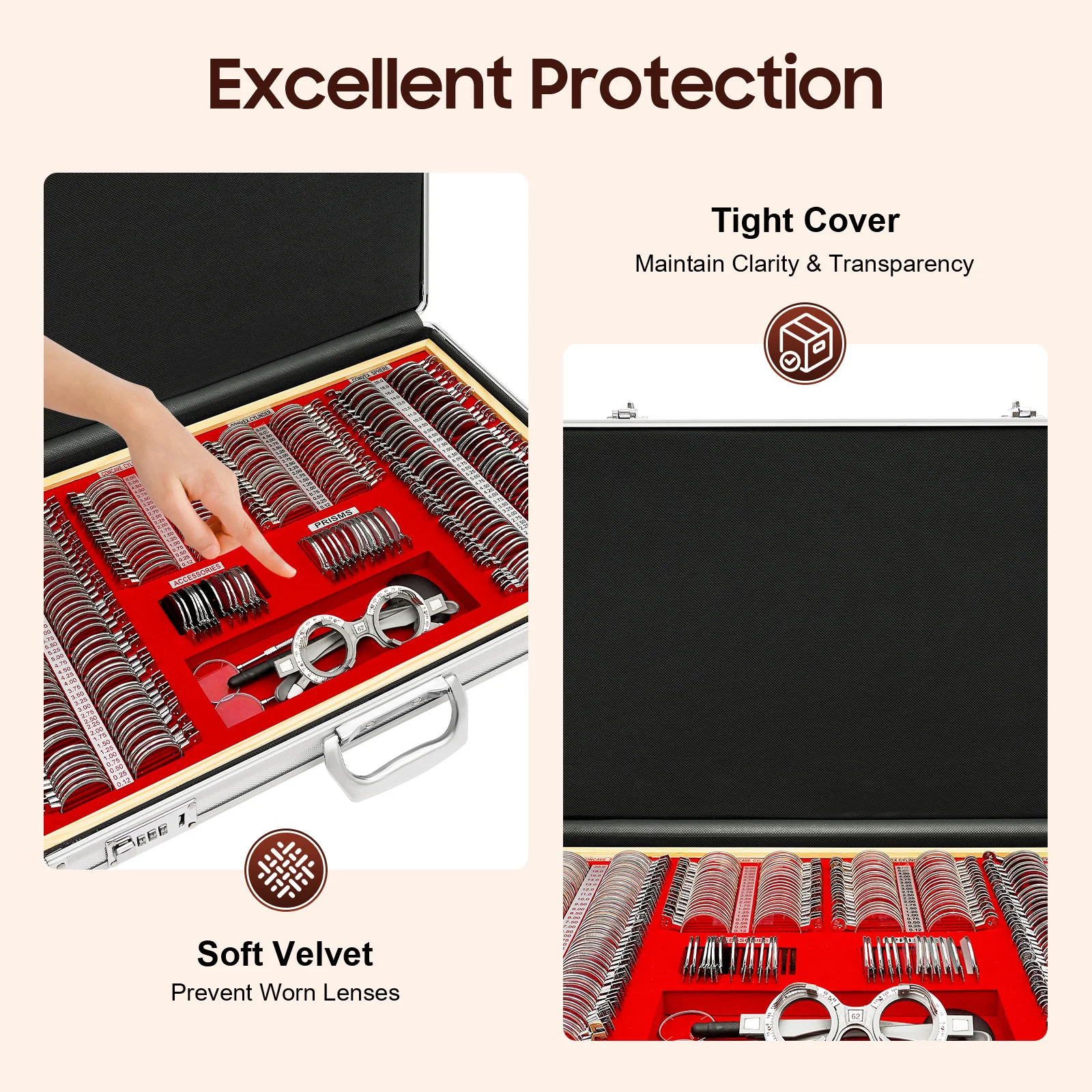 Complete Professional Optometry Rim Case Kit, Velvet Case, Include 266*lenses and Trial Frames for a Examining Refractive Error