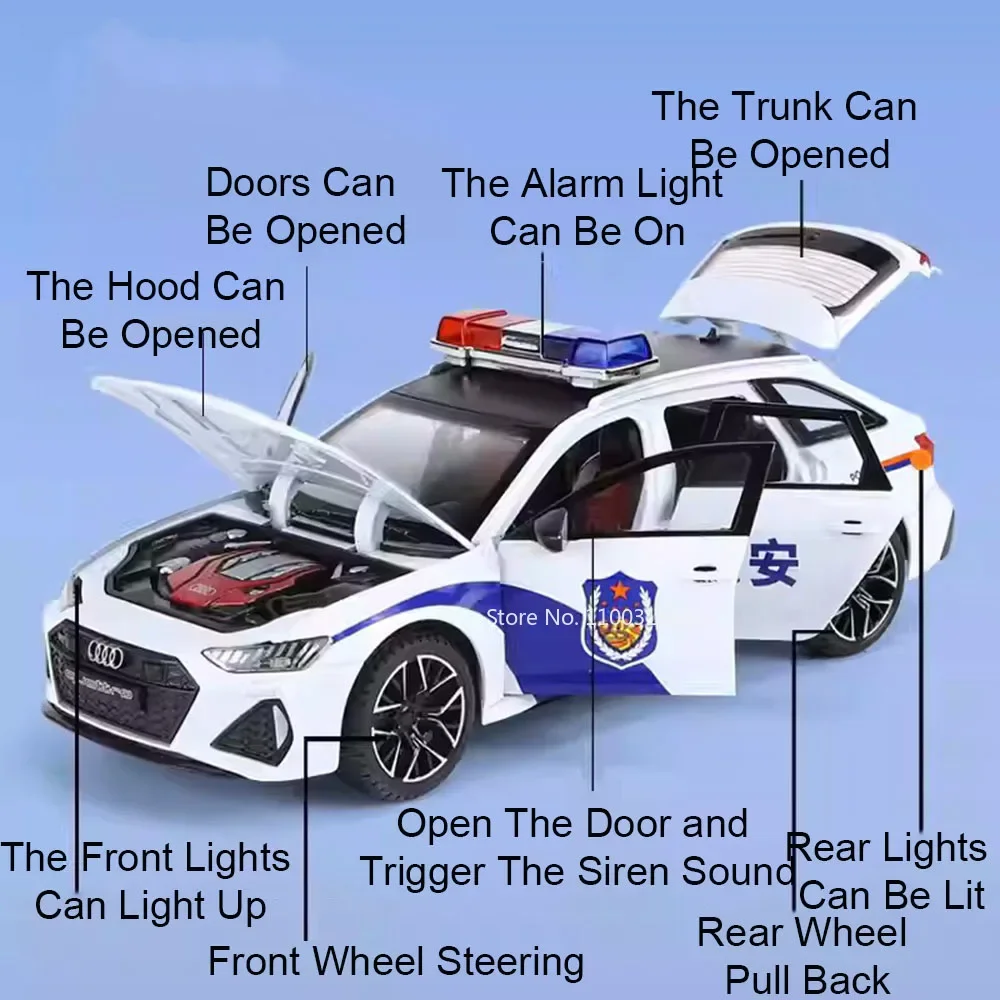 1:24 Alloy Audi RS6 Models Toys Police Cars with Light Music Pull Back Vehicles Rubber Tires Miniature Car for Child Adult Gifts