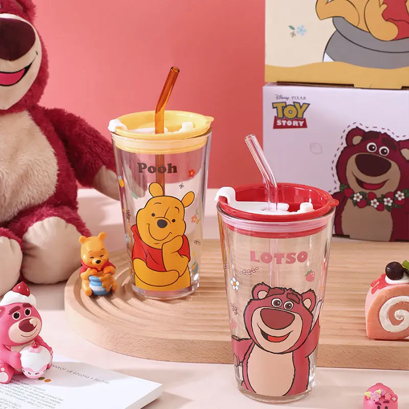 Disney Mickey glass straw cup cartoon Minnie Lotso Donald duck series student dormitory high-looking office creative water cup