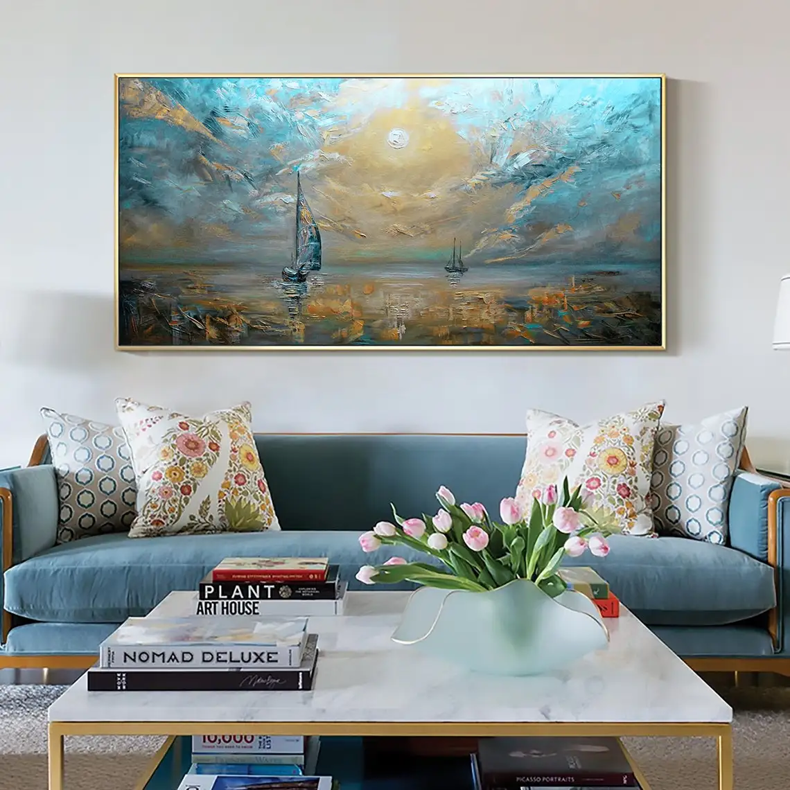 Abstract Sunset Ocean Landscape Hand-painted Oil Painting Large Original Blue Nautical Ship Texture Painting Wall Art Decoration