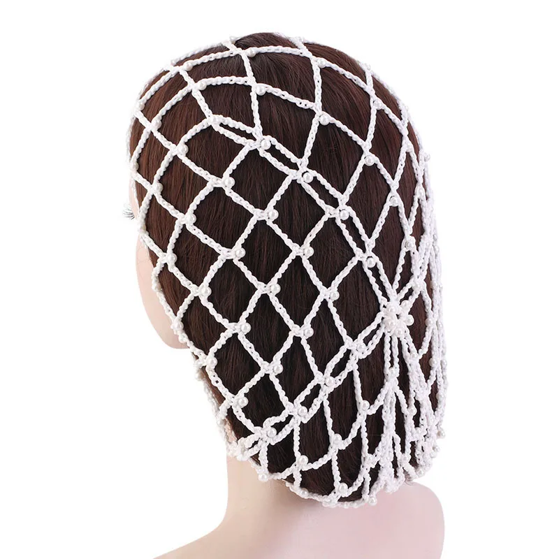 Women\'s Hair Net Rayon Mesh Snood Headwrap Pearl Beaded Crochet Cap Oversize Soft Fashion Design Ladies Elastic Hat Hairwear