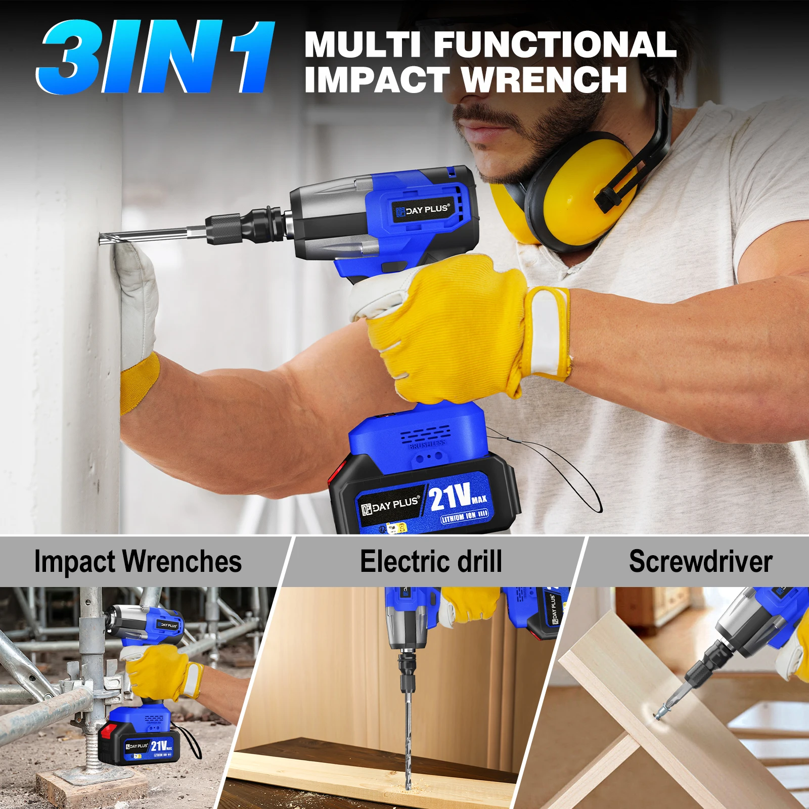 DayPlus 3 IN 1 Cordless Electric Impact Wrench Power Tool Stepless Speed Control 21V Brushless Wrench Drill Socket 3.0AH Battery
