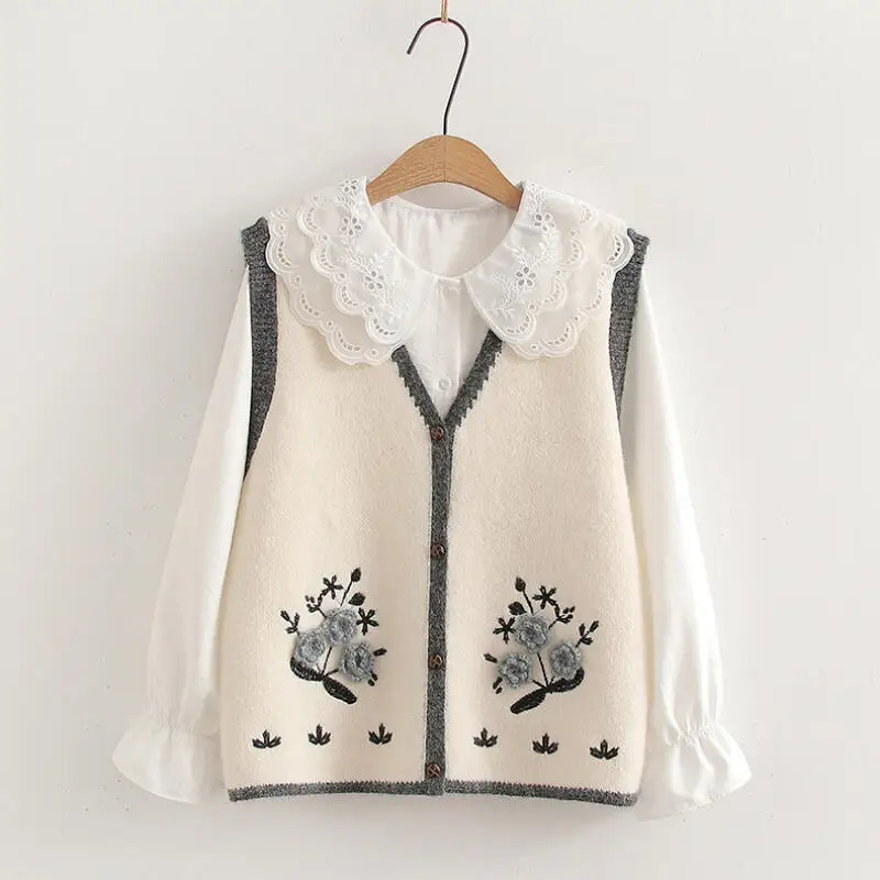 

Spring Summer New Fashion Long Sleeved Blouse and Sweater Two-Piece Set Women Doll Collar Versatile Casual Cotton Blouse