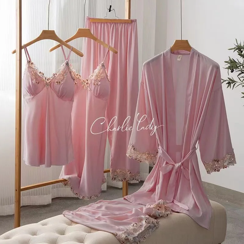 Pink Female Kimono Bathrobe Gown Sexy Silk Satin Nightgown Embroidered Lace Wedding 5Pcs Robe Set Sleepwear Loose Home Wear