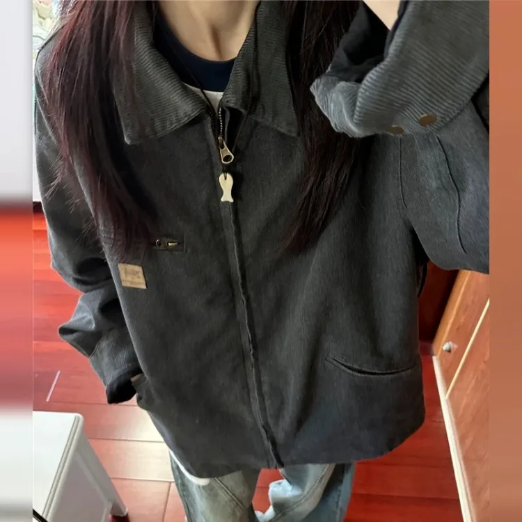 2024 New Denim Lapel Neck Coat Women American Vintage Loose Baseball Jackets Y2k Grunge Long Sleeve Zipper Tops Mujer