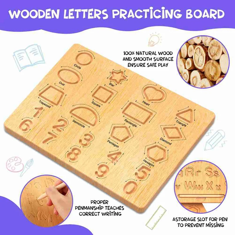 Wooden Letters Practicing Board, Double-Sided Alphabet Tracing Tool Learning To Write Educational Game Fine Motor Skill Durable