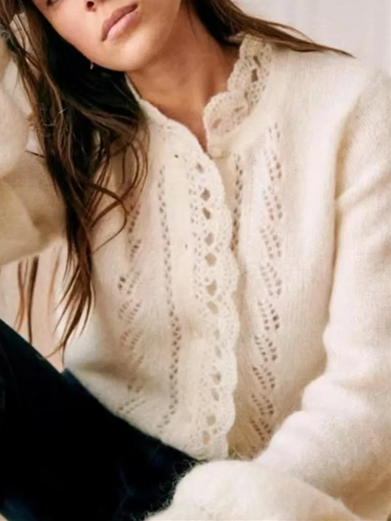 White Women Mohair Wool Sweater Hollow Out Lace Stitching Long Sleeve Female Casual Knitted Cardigan 2024 New