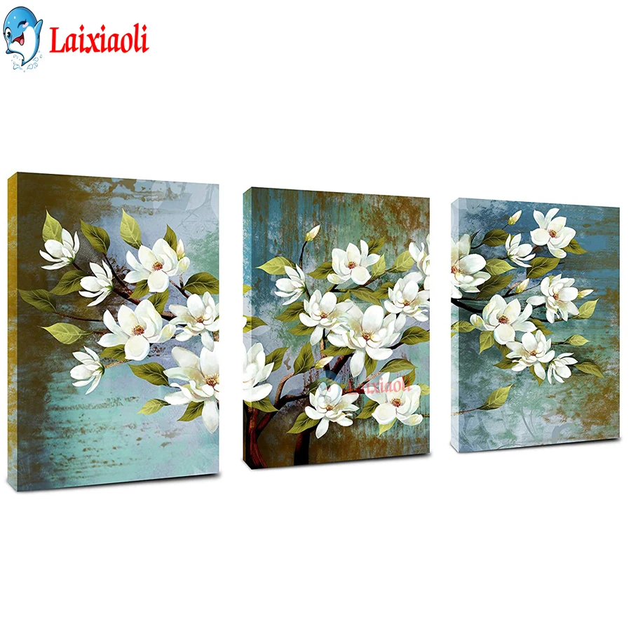 white magnolia flower diy diamond painting full square round drill diamond embroidery cross stitch triptych pictures home decor